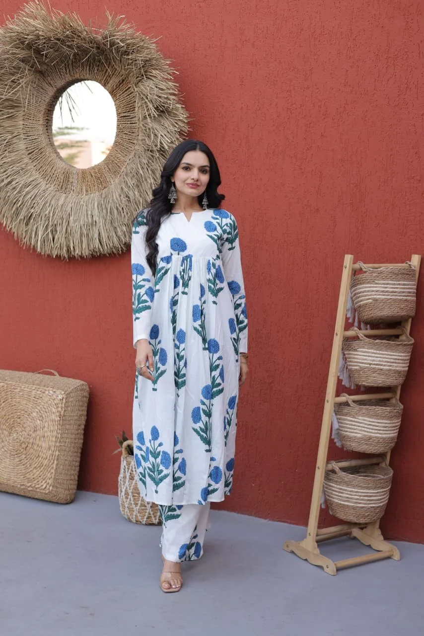 Off-White and Blue Floral Printed Kurti Pant Set.